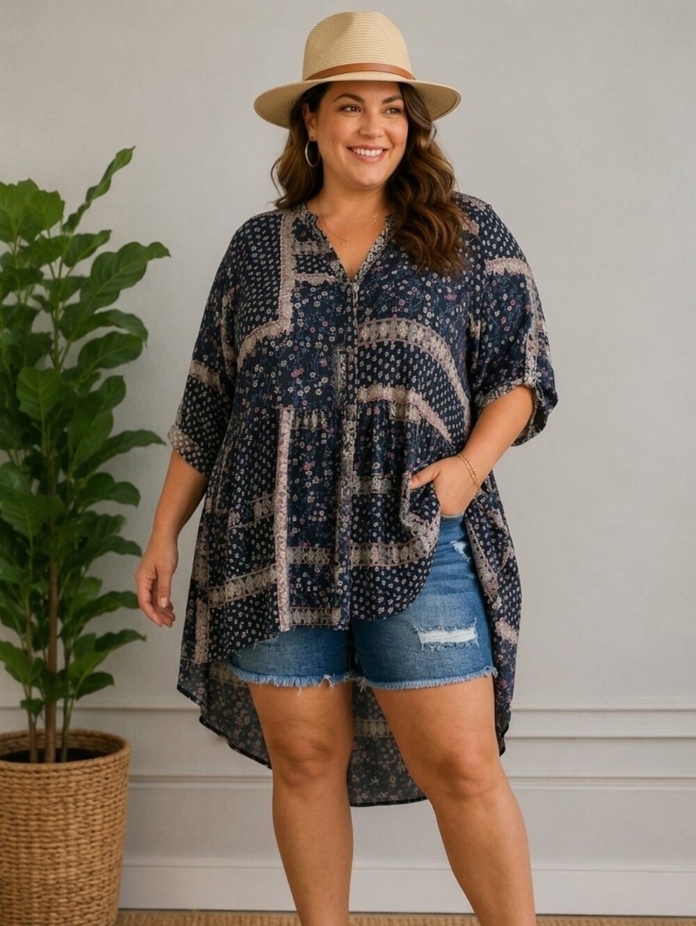TORRID Patchwork Boho Tunic Dress Semi-Sheer Button Front High-Low Size 5 - Picture 1 of 9